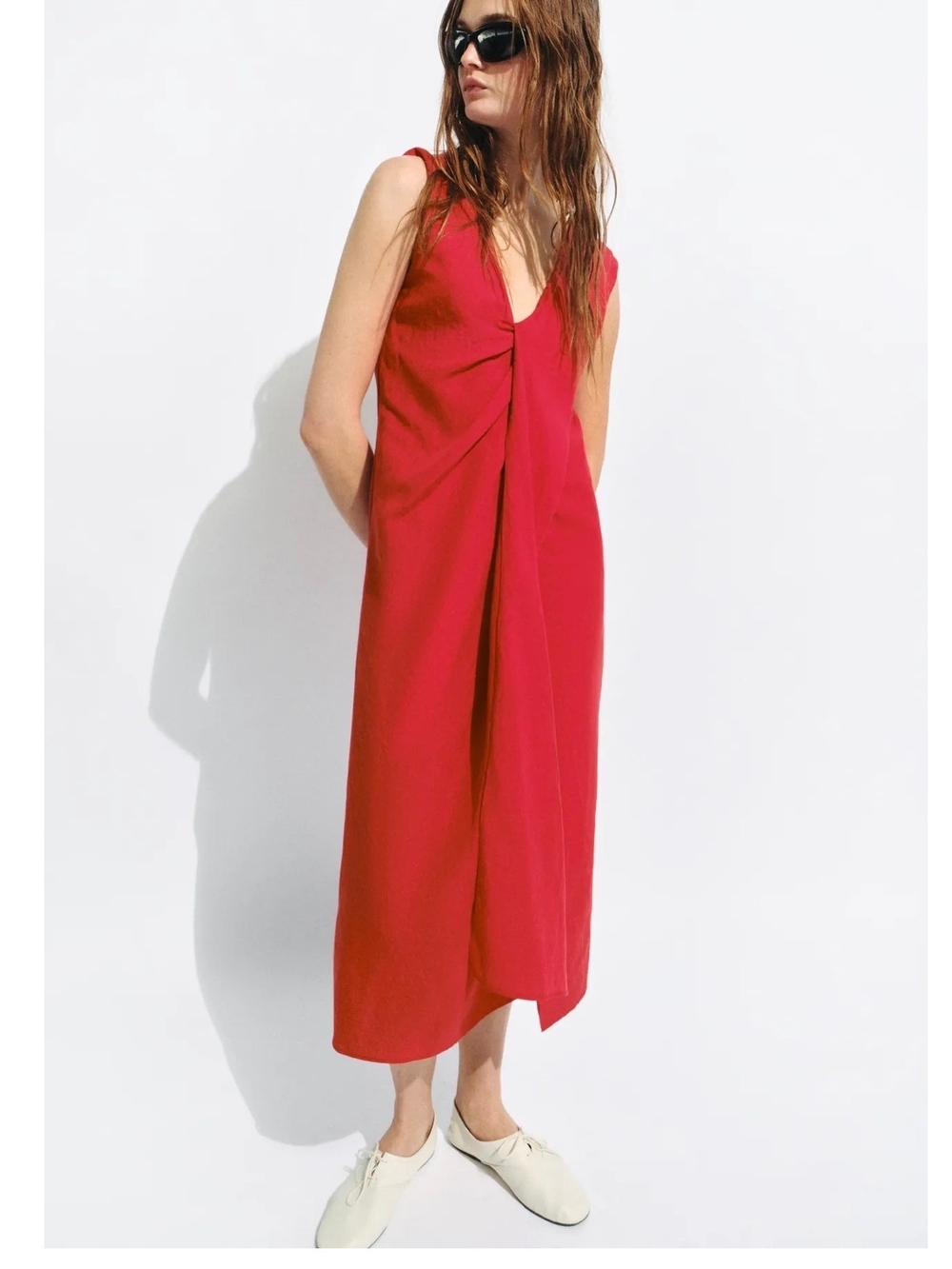 Zara Sleeveless Red V-Neck Midi Dress